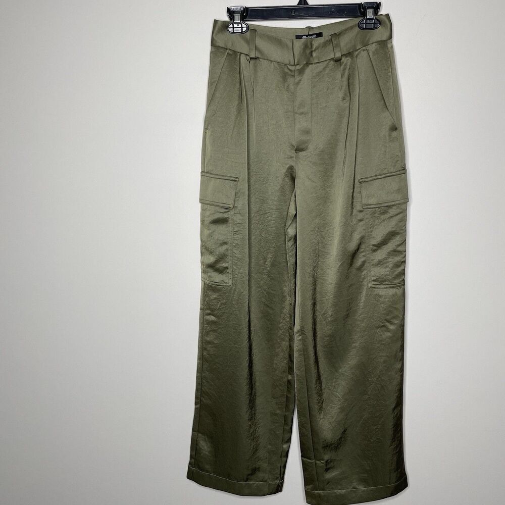 MADEWELL Straight Pants Women 0 Satin High Rise Cargo Trousers NEW Green NR109